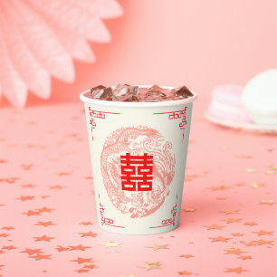 Gobelets En Papier Dragon et Phoenix mariage chinois beige rouge