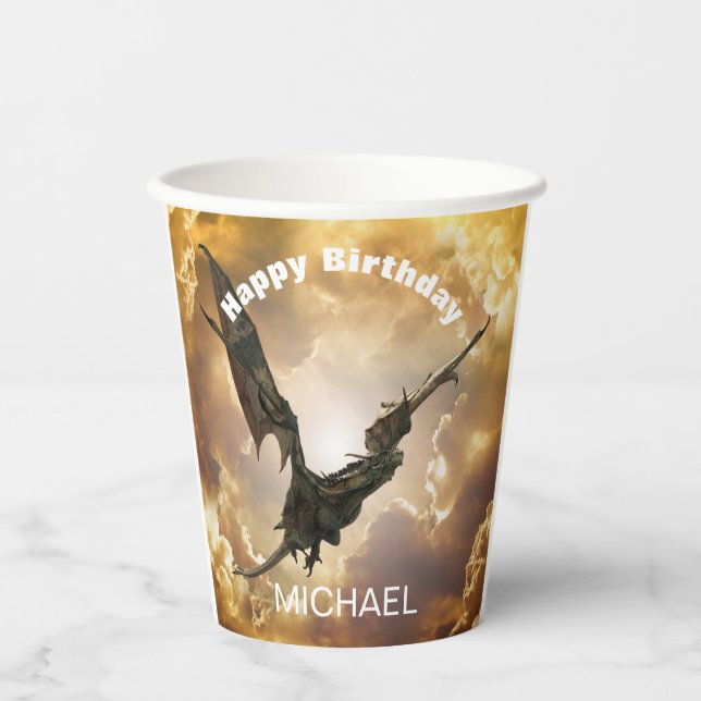 Gobelets En Papier Dragon Joyeux Anniversaire Nom Monogram Imaginaire (Recto)