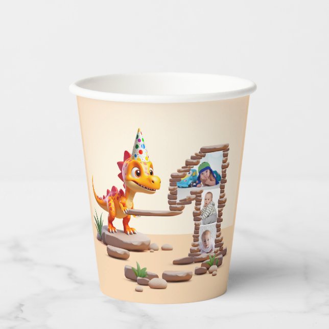 Gobelets En Papier Dragon Little Dino | 1er anniversaire photo grand  (Recto)