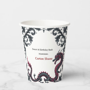 Gobelets En Papier Dragon noir fantaisiste en damassé rouge pour une