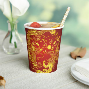 Gobelets En Papier Dragon Rouge Doré Phénix Cadeau de Mariage Chinois