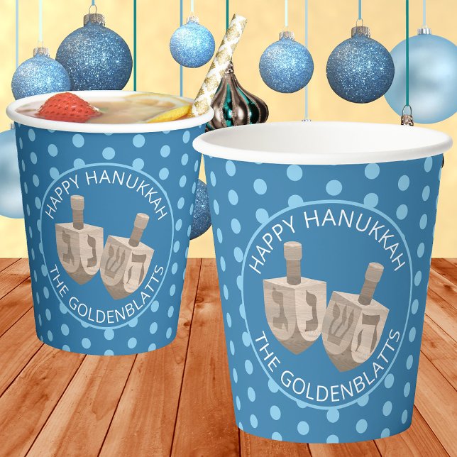 Gobelets En Papier Dreidel Rustic Oak Cute Polka Dot Party Hanoukka (Personalized Hanukkah paper cups in polka dots and dreidels are just too cute. Perfect for parties)