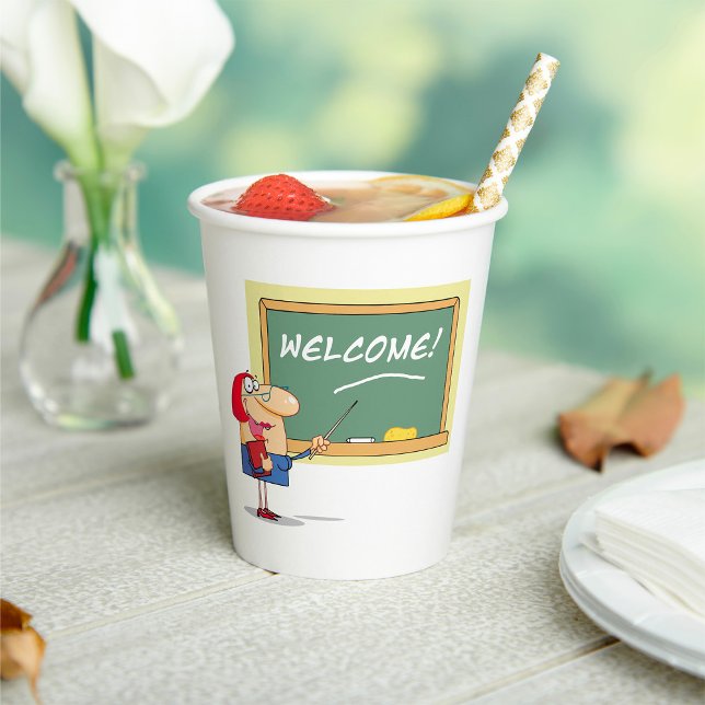 Gobelets En Papier Drôle enseignant de dessin animé Bienvenue à l'éco (Créateur téléchargé)