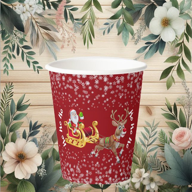 Gobelets En Papier Drôle Noël Père Noël Reindeer Sleigh Ho-Ho-Ho Roug (Funny Christmas Santa Reindeer Sleigh Ho-Ho-Ho Red Paper Cups)