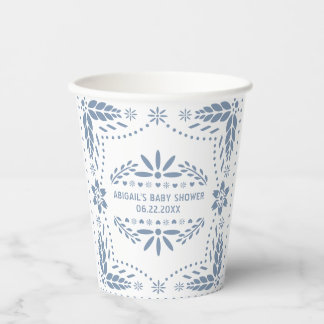 Gobelets En Papier Dusty bleu fleurs blanc papillon baby shower picad