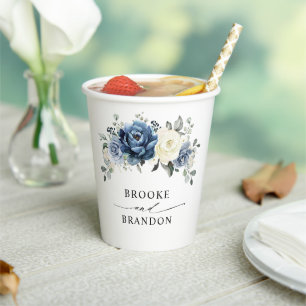 Gobelets En Papier Dusty Blue Navy Champagne Ivory Floral Mariage