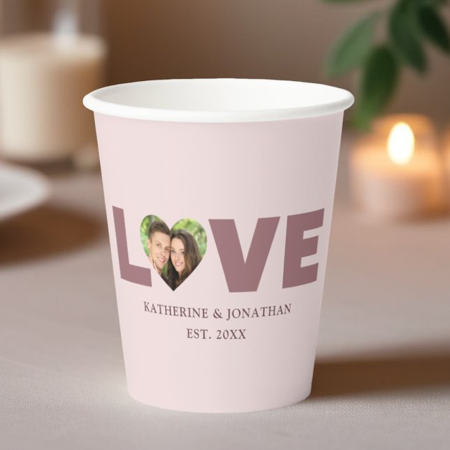 Gobelets En Papier Dusty Rose Heart Cutout Love Couple Photo (Personalized Dusty Rose Love Heart Cutout Photo Paper Cup)