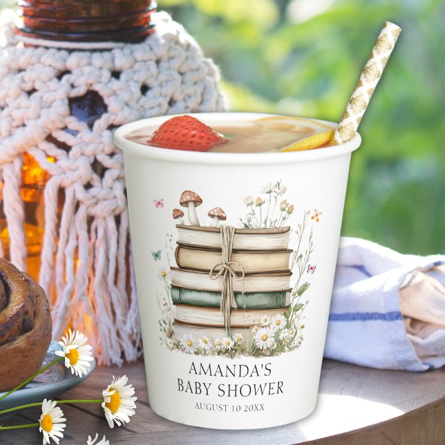 Gobelets En Papier Elégant aquarelle Baby shower de livres floraux (Créateur téléchargé)