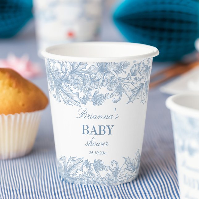 Gobelets En Papier Élégant baby shower bleu chinoiserie toile françai (Elegant French toile chinoiserie dusty blue baby shower personalized Paper Cups customized decor)