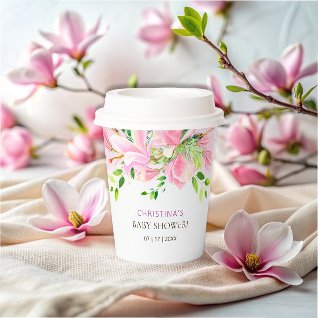 Gobelets En Papier Elégant Baby shower d'aquarelle rose Magnolia (Elegant Pink Magnolia Watercolor Baby Shower Paper Cups)
