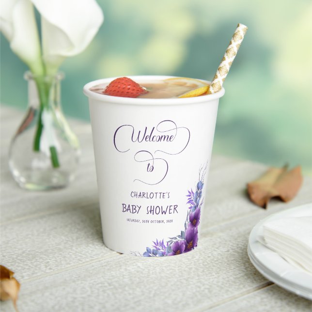Gobelets En Papier Elégant Baby shower de fleurs violettes aquarelle (Insitu)