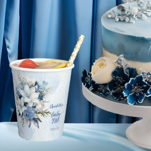 Gobelets En Papier Elégant Baby shower Floral d'hiver bleu