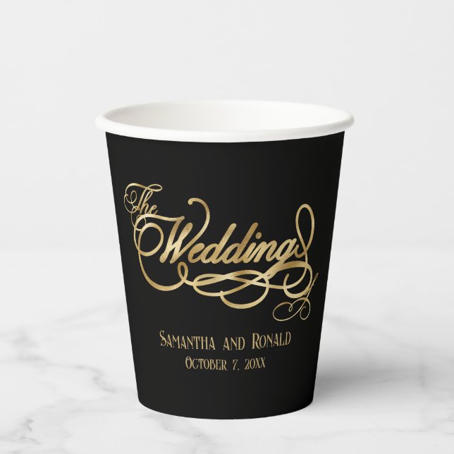 Gobelets En Papier Elegant Black and Faux Gold Calligraphy Wedding  (Recto)