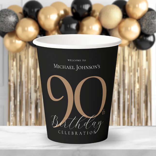 Gobelets En Papier Elégant Black Gold 90e anniversaire (Elegant Black Gold 90th Birthday Paper Cups)