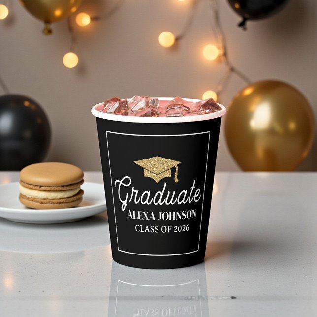 Gobelets En Papier Elegant Black & Gold Class Of 2026 Graduation (Créateur téléchargé)