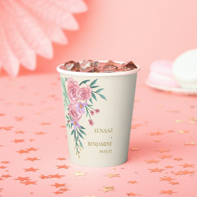 Gobelets En Papier Elégant Boho Blush Rose Aquarelle Mariage Floral (Insitu)