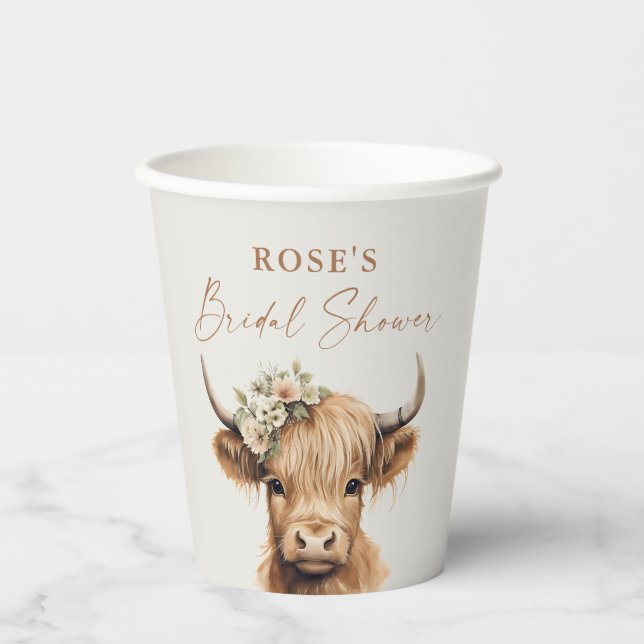 Gobelets En Papier Élégant Boho Highland Cow Shower de Mariage  (Recto)