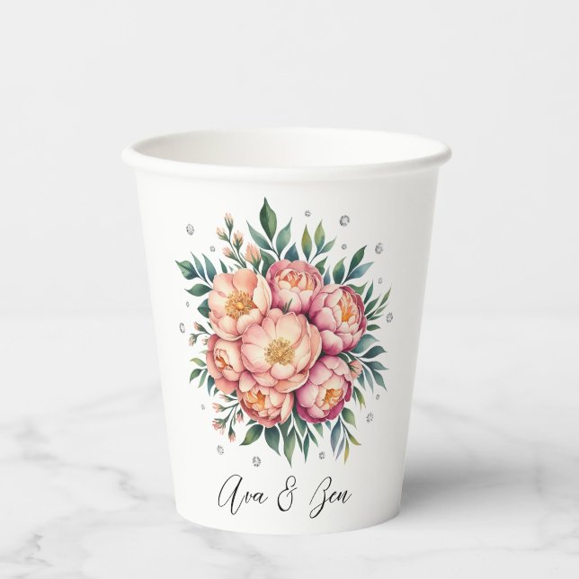 Gobelets En Papier Elégant bouquet de pêche avec Mariage de diamants (Recto)