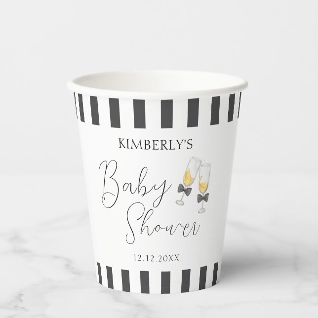Gobelets En Papier Elégant Bow Champagne Stripe Sip & Voir Baby showe (Recto)