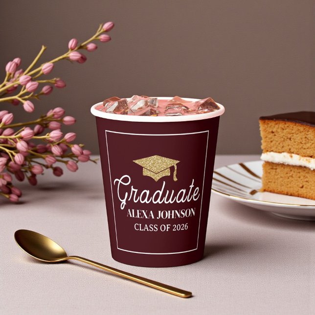 Gobelets En Papier Elegant Deep Burgundy Class Of 2026 Graduation (Créateur téléchargé)