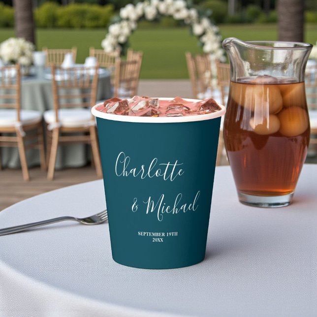 Gobelets En Papier Elegant Deep Teal Script Minimalist Wedding (Créateur téléchargé)