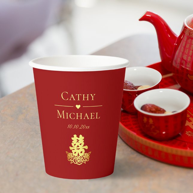 Gobelets En Papier Élégant double bonheur rose chinois mariage rouge (Créateur téléchargé)