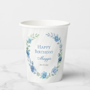 Gobelets En Papier Elégant Floral Bleu Joyeux anniversaire