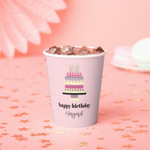 Gobelets En Papier Élégant gâteau d'anniversaire rose rétro fille