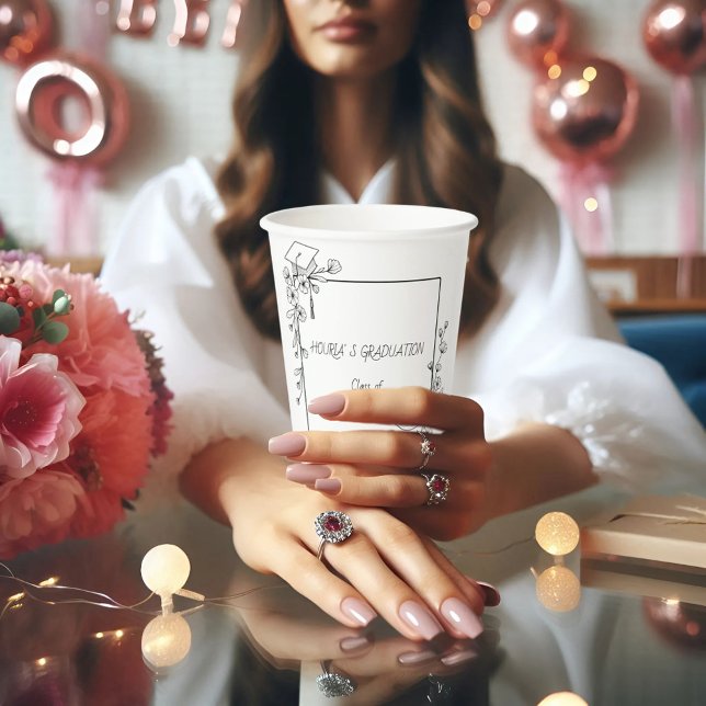 Gobelets En Papier Elégant Graduation Bordure florale noire et blanch (Créateur téléchargé)
