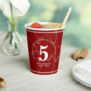 Gobelets En Papier Élégant marbre rouge 5 ans de travail Anniversaire