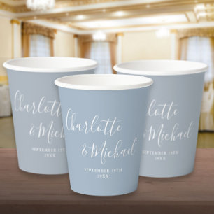 Gobelets En Papier Élégant mariage bleu poussiéreux écriture signatur