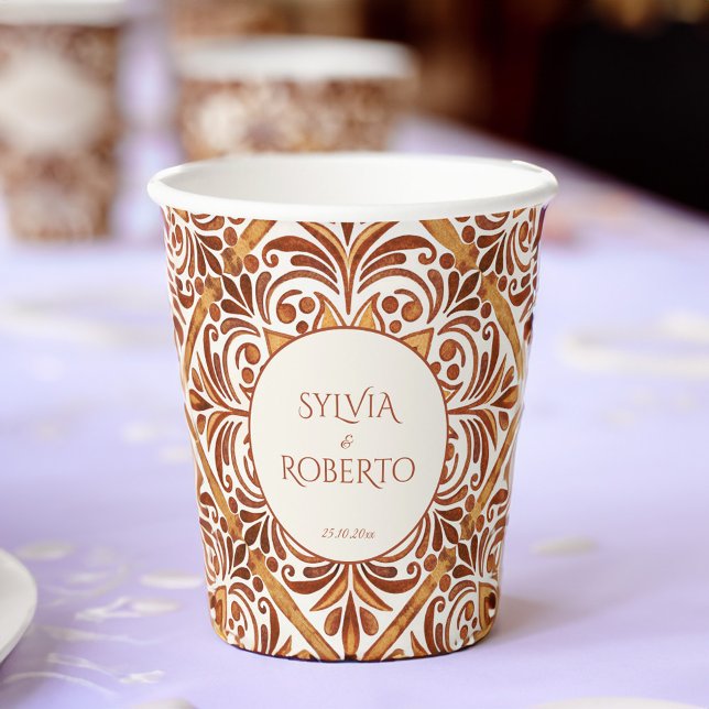 Gobelets En Papier Élégant mariage Talavera mexicain en terre cuite (Elegant Terracotta Talavera vintage Mexican wedding monogrammed Paper Cups personalized tableware)