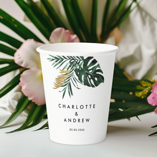 Gobelets En Papier Elégant, Palmier Vert, Or (Imitation) (Tropical elegant wedding paper cups with your names and date.)