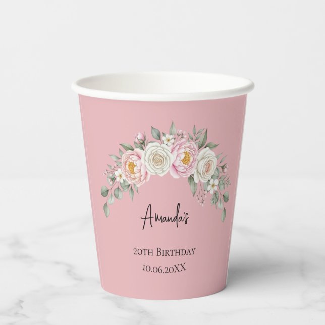 Gobelets En Papier Elegant Pink Floral Personalized Disposable Cup (Verso)