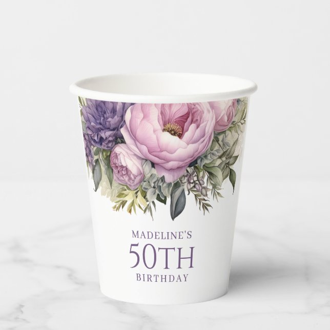 Gobelets En Papier Élégant Purple Rose Floral 50e anniversaire (Recto)