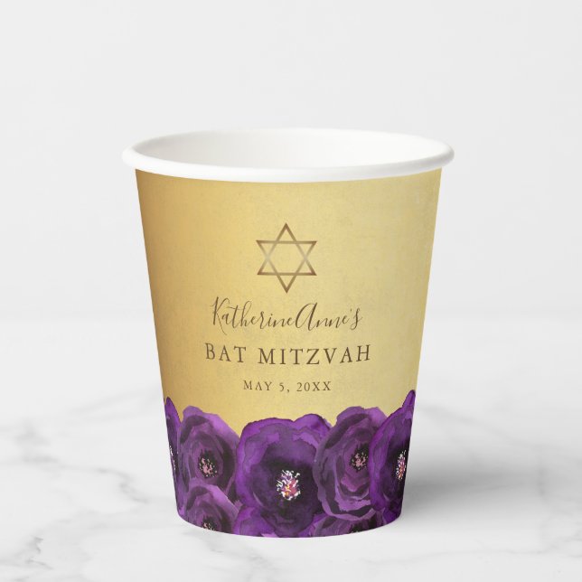 Gobelets En Papier Elegant Purple Rose Floral Gold Bat Mitzvah (Recto)