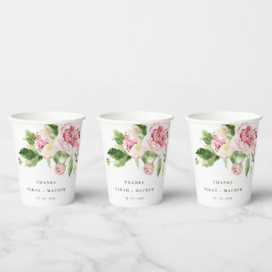 Gobelets En Papier Elégant rose vert pivoine Floral Merci Mariage