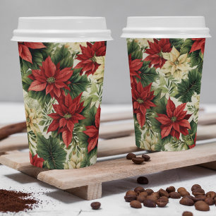 Gobelets En Papier Élégant Rouge Poinsettia Floral Noël