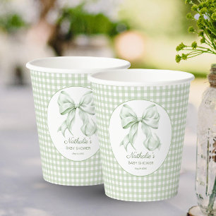 Gobelets En Papier Elégant Sage Green Bow En vichy Baby shower