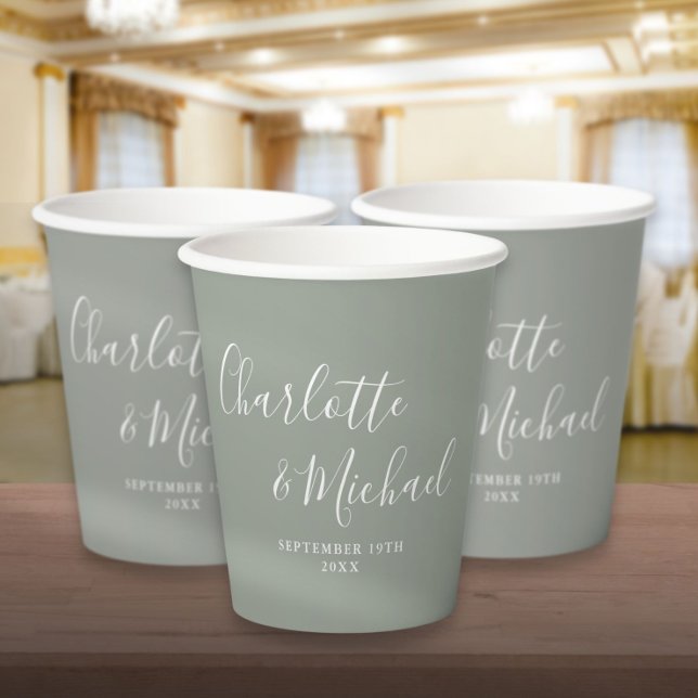 Gobelets En Papier Élégant signature Script Sage Mariage vert (Elegant Signature Script Sage Green Wedding Paper Cups)