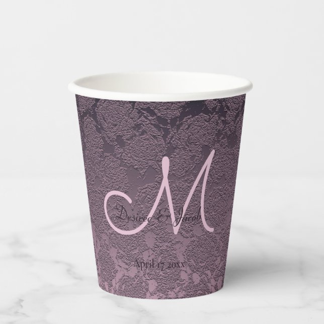 Gobelets En Papier Élégant violet lavande Mariage Mauve Monogramme (Recto)