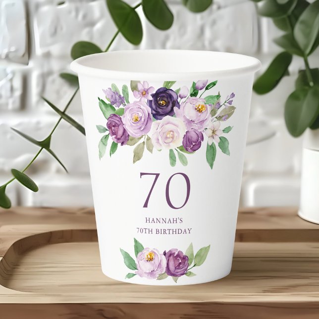 Gobelets En Papier Élégant violet | Violet Floral 70e anniversaire (Créateur téléchargé)