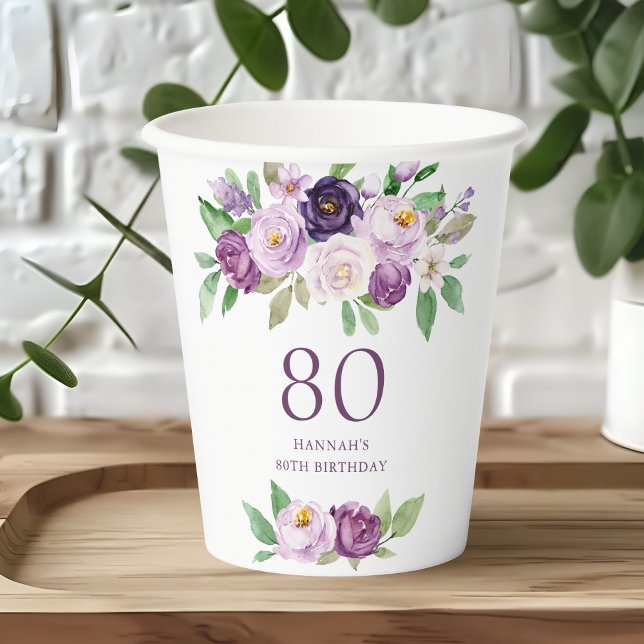 Gobelets En Papier Élégant violet | Violet Floral 80e anniversaire (Créateur téléchargé)