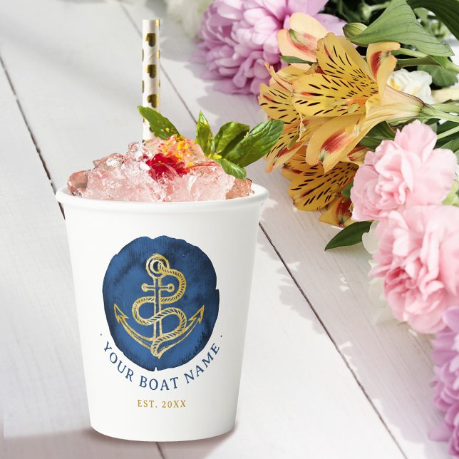 Gobelets En Papier Elégante Ancre aquarelle Nom nautique Marine Bleu (Créateur téléchargé)