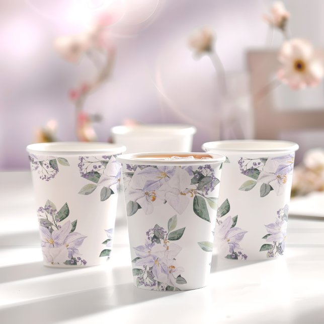 Gobelets En Papier Elégante aquarelle Fête des mariées florale pourpr (Elegant Watercolor Floral Purple Bridal Shower Paper Cups)