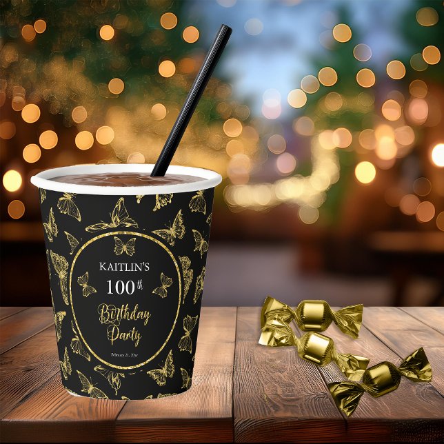 Gobelets En Papier Elégante Black Gold Butterflies 100 Anniversaire (Elegant Black and Faux Gold Butterflies 100th Birthday Party  Party Paper Cups)