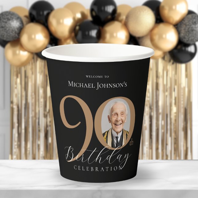 Gobelets En Papier Elégante Black Gold Photo 90e anniversaire (Elegant Black Gold Photo 90th Birthday Paper Cups)