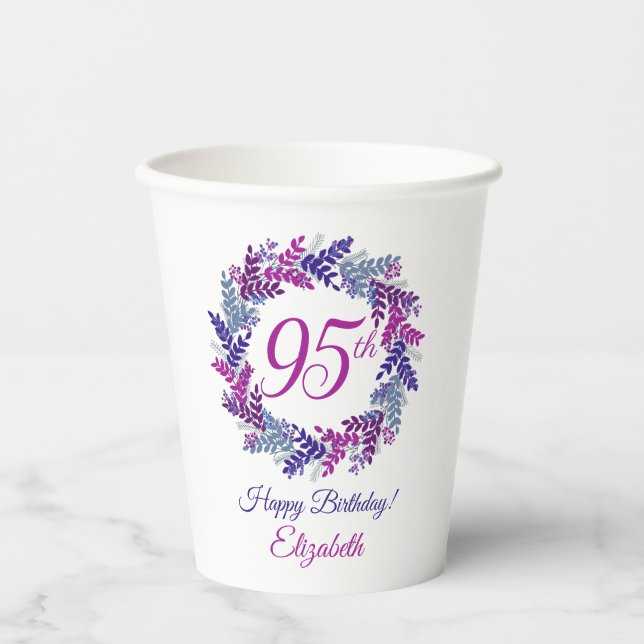 Gobelets En Papier Élégante couronne rose et pourpre 95e anniversaire (Recto)