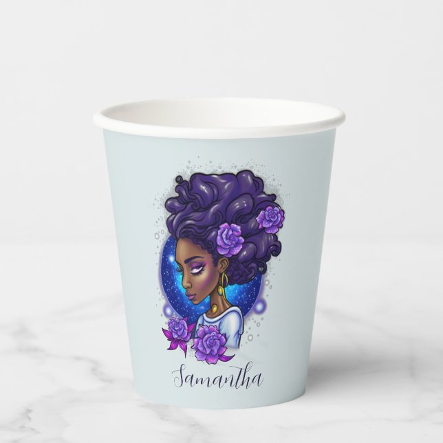 Gobelets En Papier Élégante femme Afro Rose violette (Recto)