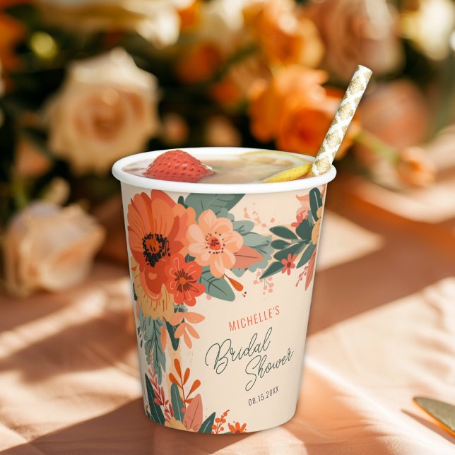 Gobelets En Papier Élégante Fête des mariées florale en terre cuite (A floral paper cup with a drink, a straw, and fruit slices, labeled "MICHELLE'S Bridal Shower.)